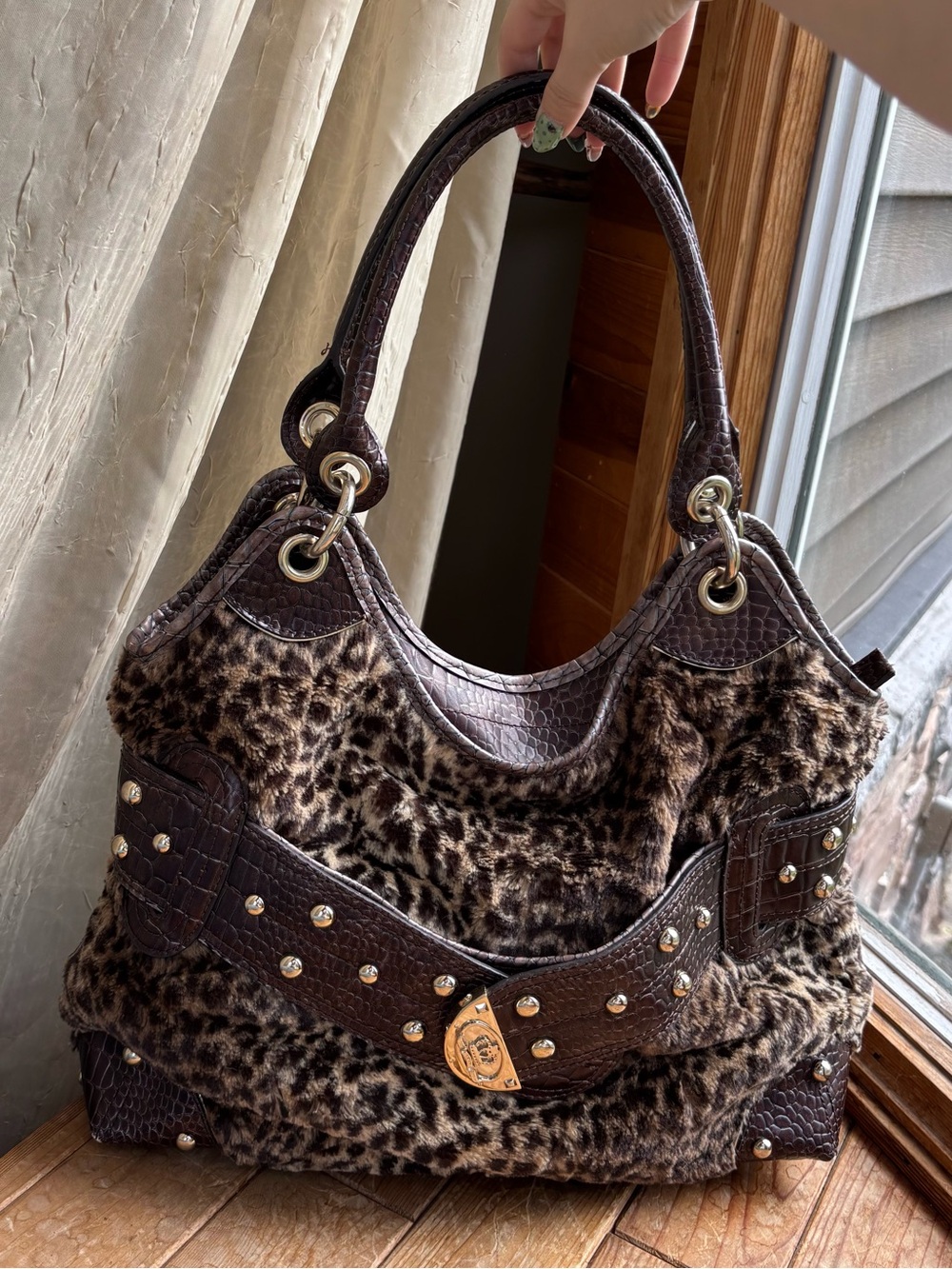 Kathy Van Zeeland Faux Leopard Fur & Brown Faux Leather Shoulderbag